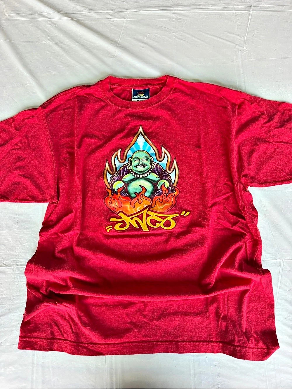 Vintage JNCO Jeans Flaming Buddha T-Shirt XL Red USA Made 90s Rare